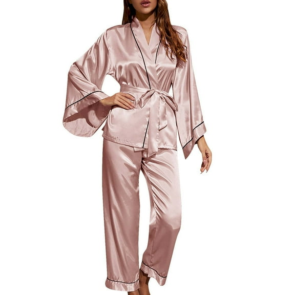 qolati Silk Satin Pajama Sets for Women 2 Piece Soft V Neck Short Bathrobe Tops and Long Pant Pjs Sets Sleepwear Womens Loungewear Set with Pockets