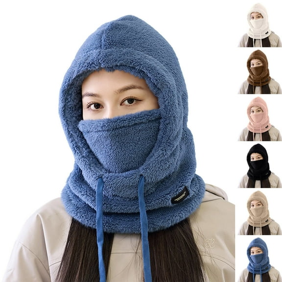 qolati Ski Mask Fleece Balaclava Winter Hood Mask for Women and Men Windproof Warm Fuzzy Drawstring Face Cover Hat Black Free Size