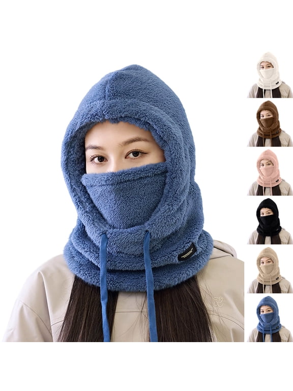 Ski Mask Fleece Balaclava Winter Hood Mask for Women and Men Windproof Warm Fuzzy Drawstring Face Cover Hat Black Free Size