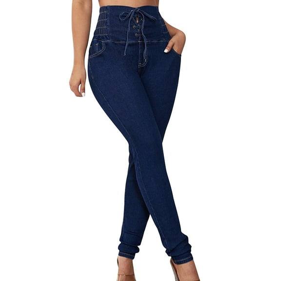 qolati Skinny Jeans for Women Cirsscross Lace Up High Waist Stretchy Pencil Pants Classic Slimmings Jeggings Denim Trousers Pants with Pockets Blue S 4