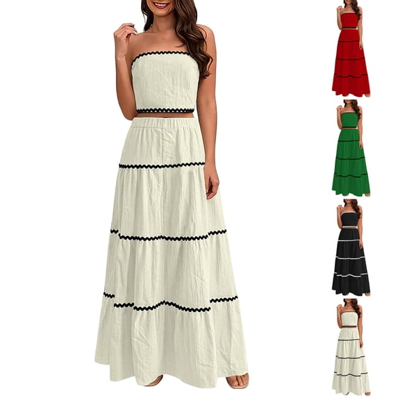 qolati Skirt Sets Women 2 Piece Outfits Brunch Vacation Outfits Color Block Strapless Bandeau Top with High Waist Maxi Skirt Fashion Summer Clothes Black M