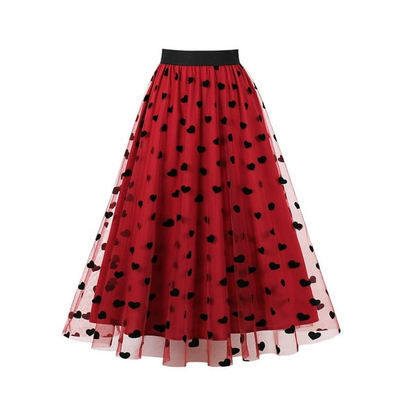 qolati Skirts for Women 2023 Embroidery Elastic Layered Tulle A-Line Skirt Elegant Love Heart Print Mesh Pleated Swing Party Skirt