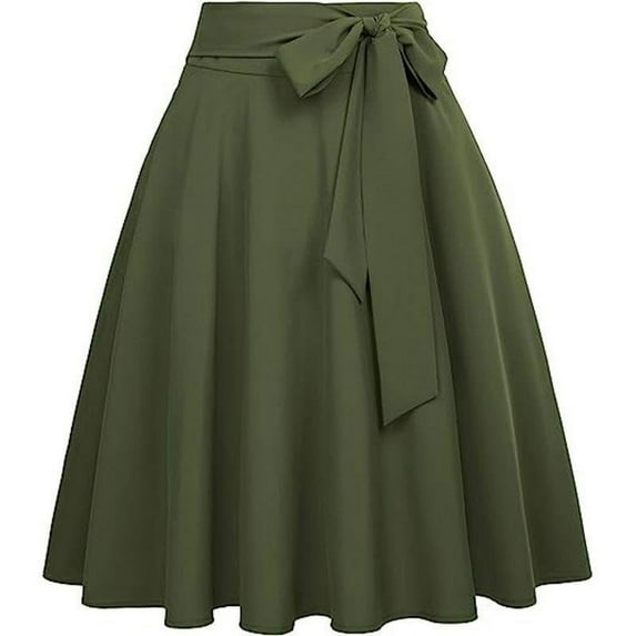qolati Skirts for Women 2023 Solid Bow Tie High Waist A-Line Skirt Elegant Pleated Swing Skater Flared Midi Skirt