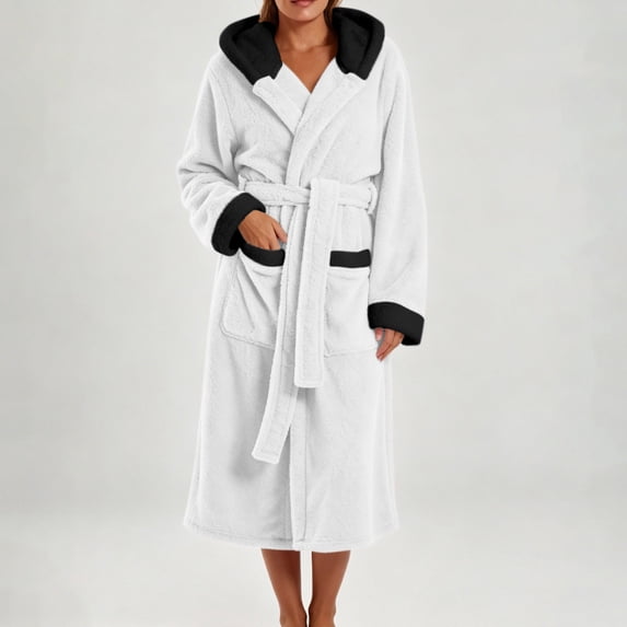 qolati Soft Robe for Women Warm Long Sleeve Plush Warm Winter Housecoat Spa Towel After Shower Lightweight Fluffy Long Hooded Bathrobe with Pockets