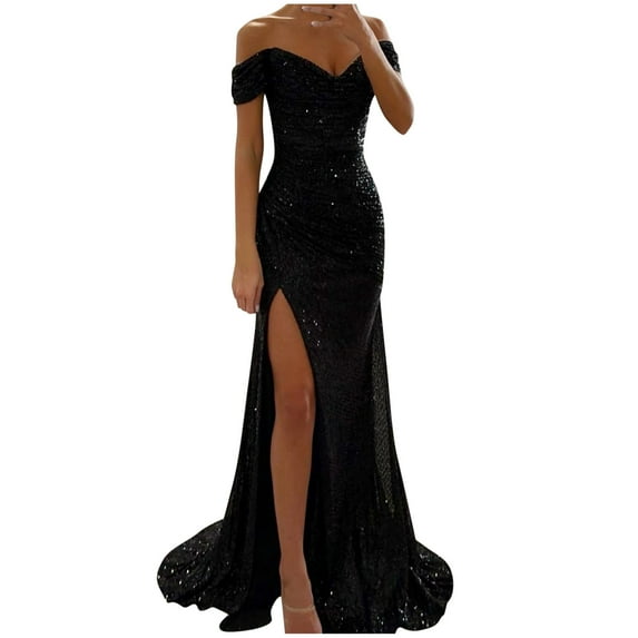 qolati Sparkly Homecoming Dresses for Women Teens 2024 Sequin Short Off The Shoulder Party Prom Dress Split Bodycon Mermaid Evening Cocktail Long Dress Black S 4