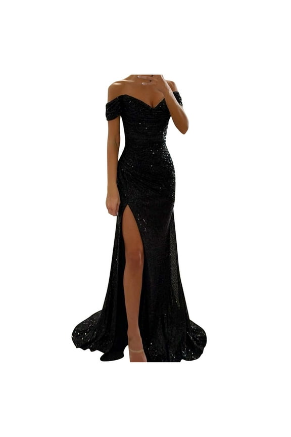 Sparkly Homecoming Dresses for Women Teens 2024 Sequin Short Off The Shoulder Party Prom Dress Split Bodycon Mermaid Evening Cocktail Long Dress Black S 4