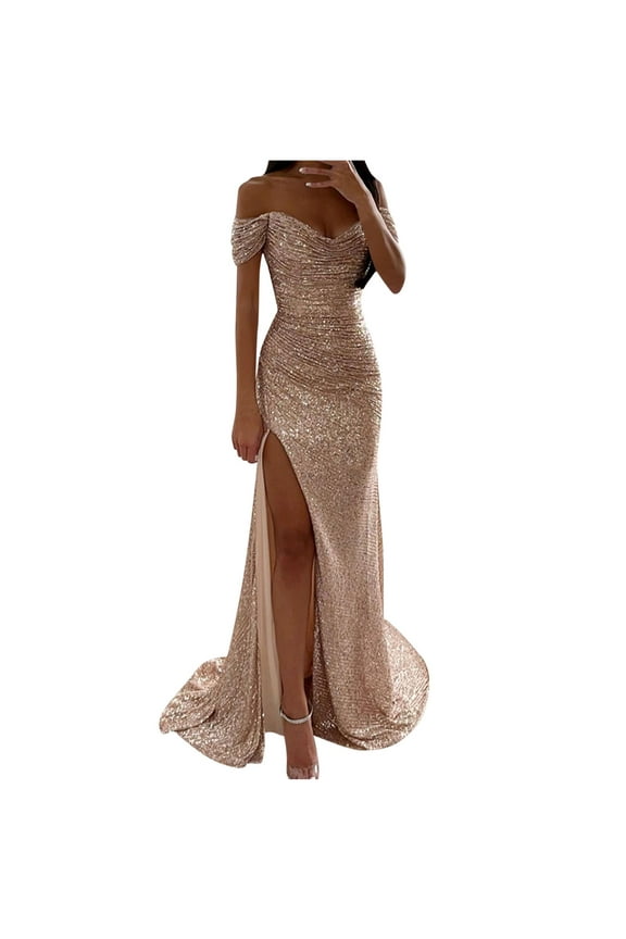 Sparkly Homecoming Dresses for Women Teens 2024 Sequin Short Off The Shoulder Party Prom Dress Split Bodycon Mermaid Evening Cocktail Long Dress Gold L 8