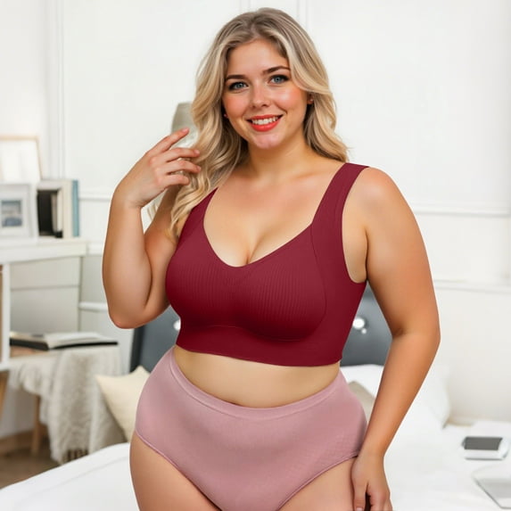 qolati Sports Bras for Women Plus Size Seamless Wireless Supportive Bra Push Up Comfort Soft Ribbed No Underwire Full Coverage T-Shirt Bra Size M-5XL