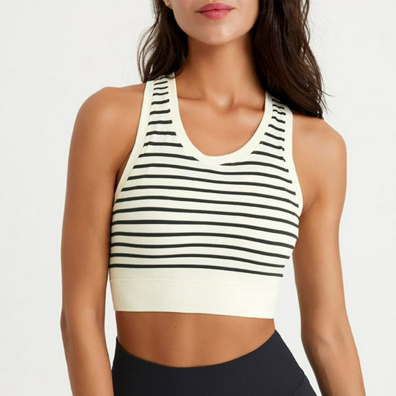qolati Sports Bras for Women Seamless Comfortable Striped Mock Neck Longline Padded Yoga Bra Workout Crop Tank Tops with Built in Bra