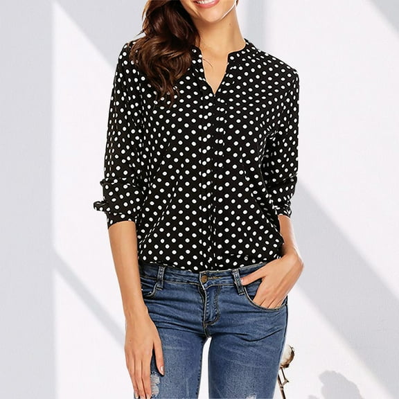 qolati Spring Summer Button Down Shirts for Women 2023 Casual Long Sleeve Polka Dot Print Blouse Trendy Loose Fit Tunic Dress Work Tops