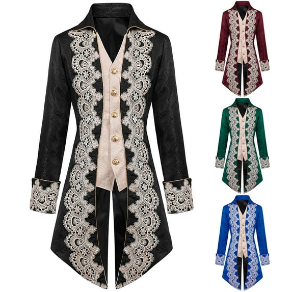 qolati Steampunk Gothic Jacket for Women Elegant Lace Embroider Long Sleeve Button Down Renaissance Cardigan Coat Vintage V Neck Prom Party Tailcoat