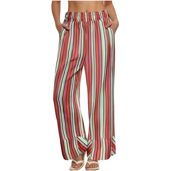 qolati Striped Wide Leg Pants Woman Boho Elastic Waist Palazzo Pants Casual High Waisted Fall Lounge Flowy Vacation Trousers with Pockets Pink S