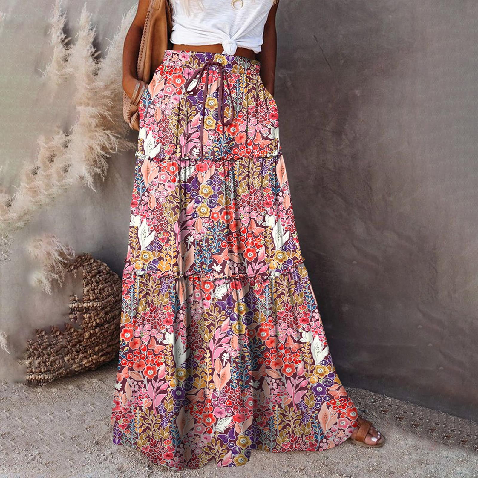 qolati Summer Boho Skirts Women Elastic Waist Ruched Floral Print Pleated Maxi Skirt Casual Flowy Swing A Line Beach Skirts Clearance