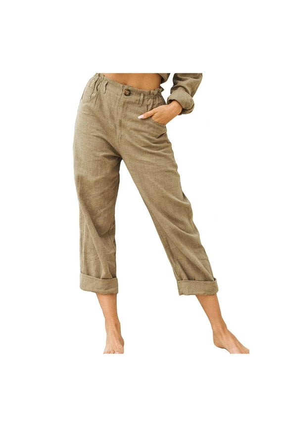 Summer Capri Pants for Women Cotton Linen Button Cropped Pants Ankle Trousers with Pockets