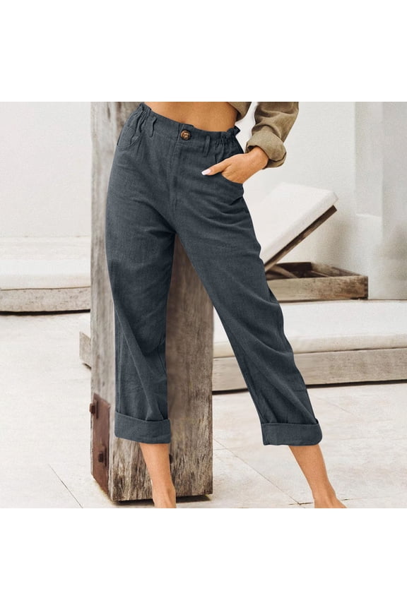 Summer Capri Pants for Women, Women's Cotton Linen Button Cropped Pants Ankle Soild Color Trousers with Pockets