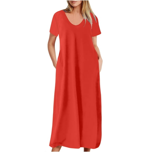 qolati Summer Dresses for Women 2024 Casual Spoon Neck Short Sleeve Tshirts Maxi Dress Comfy Loose Nightgown Pleated Flowy Vacation Beach Sundress with Pockets