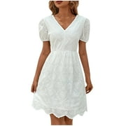 qolati Summer Dresses for Womens 2024 Cute V Neck Eyelet Puffy Short Sleeve A Line Midi Sundress Elegant Ruffle High Waisted Boho Beach Vacation Dress