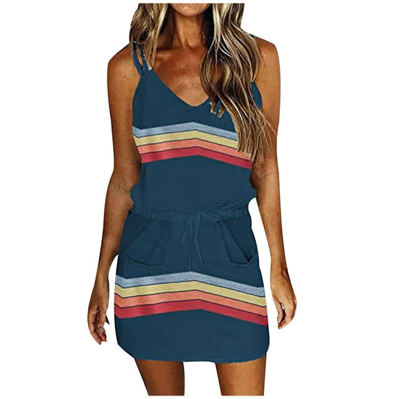 qolati Summer Dresses for Women 2025 Short Sleeve Striped T Shirt Dress Casual Midi Dresses Crewneck Tie Waist with Pockets