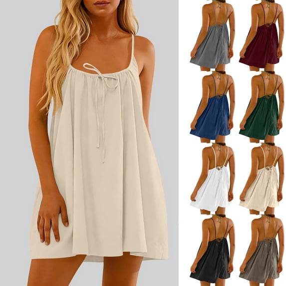 qolati Summer Dresses for Women Backless Cami House Dress for Women Sleeveless Mini Lounge Dress Loose Boho Beach Sundress with Back Tie White S