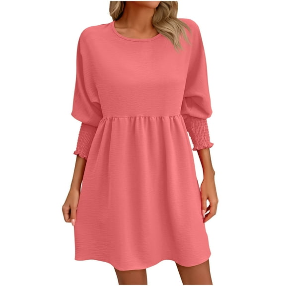 qolati Summer Dresses for Women Boho Spring Crewneck Smocked 3/4 Sleeve Casual A-Line Dress Trendy Loose Swing Midi Babydolls Cocktail Dress