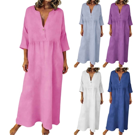 qolati Summer Dresses for Women Cotton Linen Button V Neck 3/4 Sleeve Maxi Dress Boho Beach Casual Gauze Shift Dress Pink M