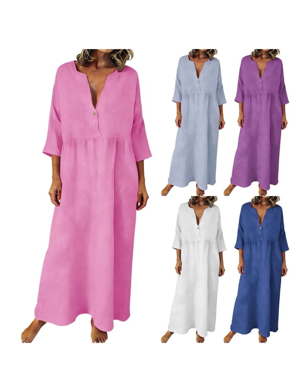 Summer Dresses for Women Cotton Linen Button V Neck 3/4 Sleeve Maxi Dress Boho Beach Casual Gauze Shift Dress Purple XL