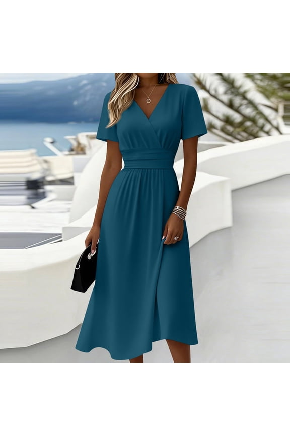 Summer Dresses for Women Elegant V Neck Short Sleeve Wrap Wedding Guest Dress Casual Semi-Formal Fit Work Dresses Navy M