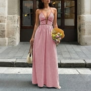 qolati Summer Dresses for Women Striped Halter Maxi Dress Deep V Neck Backless Flowy Beach Vacation Boho Sundress