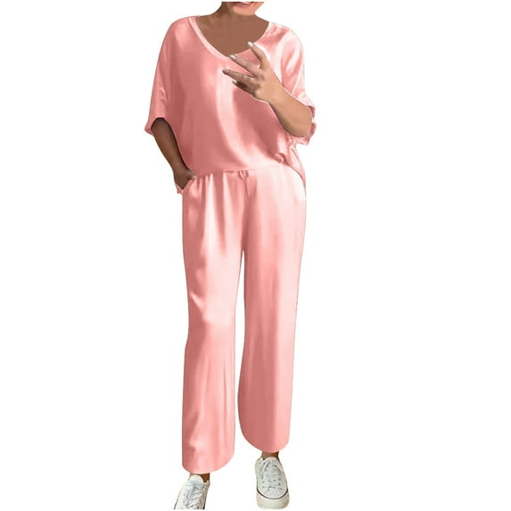 qolati Summer Pajamas for Women 2 Piece Short Sleeve Sleepwear Top Wide Leg Pant Satin Ladies Pjs Lounge Matching Set Tracksuits Trendy Clothes 2024