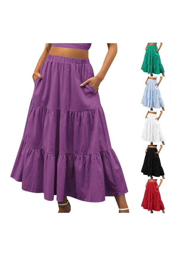 Summer Women's High Waist Boho Floral Print Pleated Maxi Skirt Casual Flowy Swing A Line Beach Long Skirts Pockets