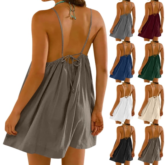 qolati Sundresses for Women Backless Cami House Dress Summer Sleeveless Mini Lounge Dress Casual Boho Beach Flowy Dresses with Back Tie Blue M