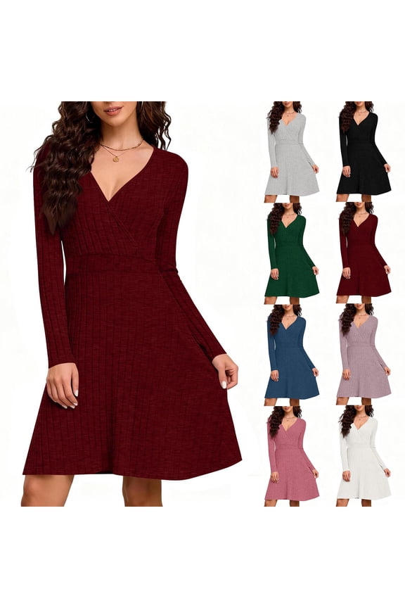 Sweater Dress for Women Fall Winter Long Sleeve V Neck Wrap Midi Dress Ribbed Knit Fit and Flare A-Line Dresses Black XL