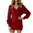 thumbnail image 1 of qolati Sweater Dresses for Women 2024 Fall Long Sleeve Wrap V Neck Knitted Mini Dress Casual Bodycon Business Work Tunic Dress, 1 of 9