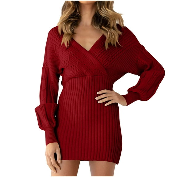qolati Sweater Dresses for Women 2024 Fall Long Sleeve Wrap V Neck Knitted Mini Dress Casual Bodycon Business Work Tunic Dress