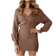 thumbnail image 1 of qolati Sweater Dresses for Women 2024 Fall Long Sleeve Wrap V Neck Knitted Mini Dress Casual Bodycon Business Work Tunic Dress, 1 of 9