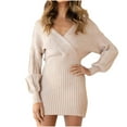thumbnail image 1 of qolati Sweater Dresses for Women 2024 Fall Long Sleeve Wrap V Neck Knitted Mini Dress Casual Bodycon Business Work Tunic Dress, 1 of 7