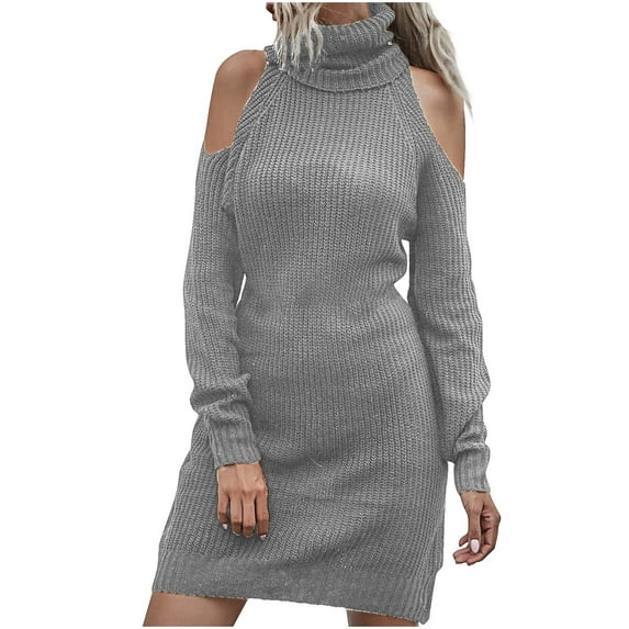 qolati Sweater Dresses for Women Casual Turtleneck Cold Shoulder Long Sleeve Pullover Mini Dress Elastic Waist Knit Bodycon Party Club Dresses