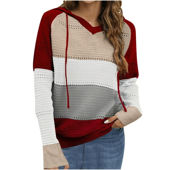 qolati Sweater for Women 2024 Fall Color Block Hooded Crochet Striped Sweaters Lightweight Drawstring Hoodies Pullover Trendy Sweatshirts