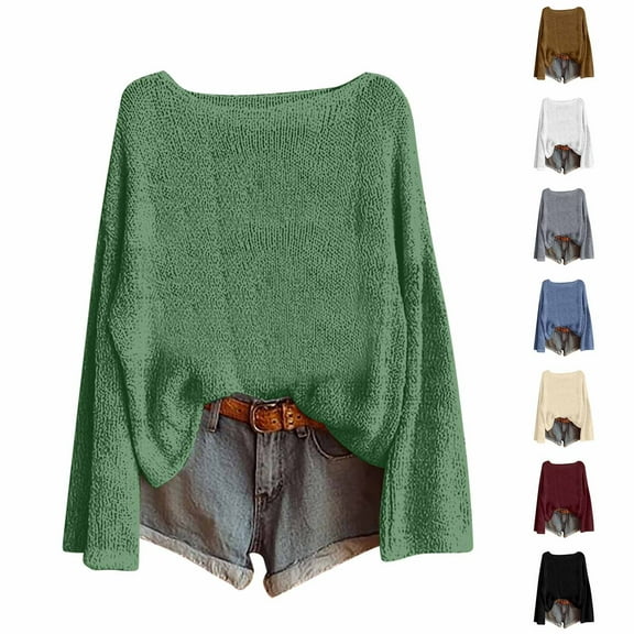qolati Sweater for Women Boho Vintage Oversized Knit Tops Fall Plain Colorful Long Sleeve Sweatshirt Cute Grandpa Sweaters