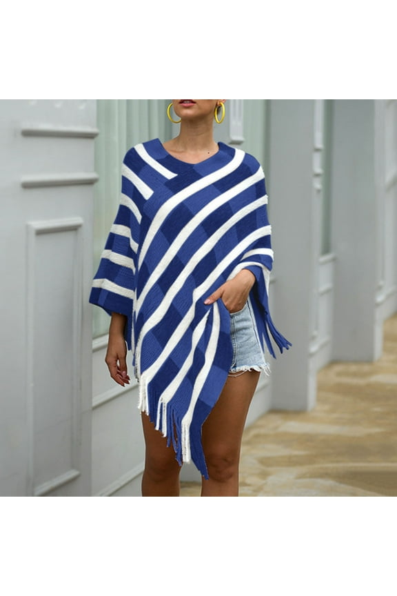 Sweaters for Women Striped Cape Shawl Long Sleeve Pullover Sweater Coats Tassel Fringe Hem Ponchoes Jacket Outwear