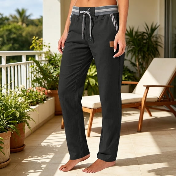 qolati Sweatpants for Women Lightweight Loose Fit Cotton Linen Work Trousers Casual Drawstring Elastic Waist Straight Leg Lounge Pants with Pockets Black L
