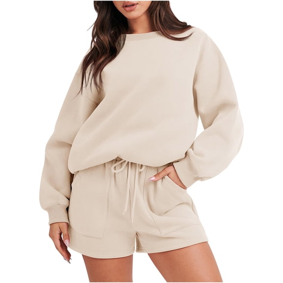 qolati Sweatshirt Sets for Women 2 Piece Casual Shorts Oversized Tacksuit Set Y2k Long Sleeve Pullover Tops with Sport Shorts Macting Sets 2024 Trendy Outfits