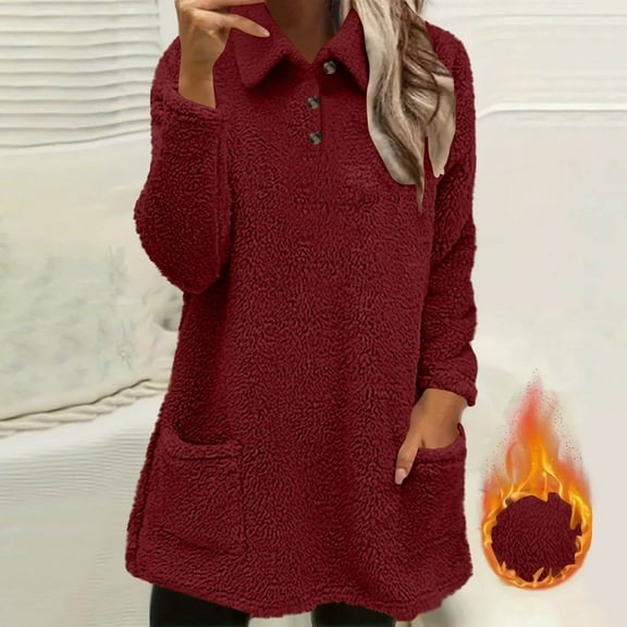 qolati Sweatshirts for Women Comfort Sherpa Pullover Sweater for anxiety Long Sleeve Fuzzy Fleece Winter Shirts Lapel Neck Casual Warm Cute Long Tops