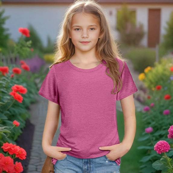 qolati T-Shirt for Girls Crew Neck Dressy Casual Short Sleeve Basic Tees Plain Tunic Summer Shirts Children Girls Tops