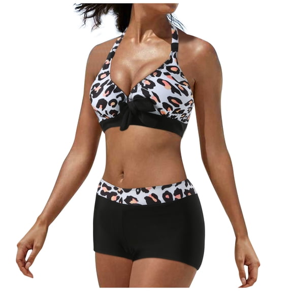 qolati Tankini Bathing Suits for Women High Neck Swim Tops with Boy Shorts Two Piece Swimwear Tummy Control High Waisted Print Bikini Sets