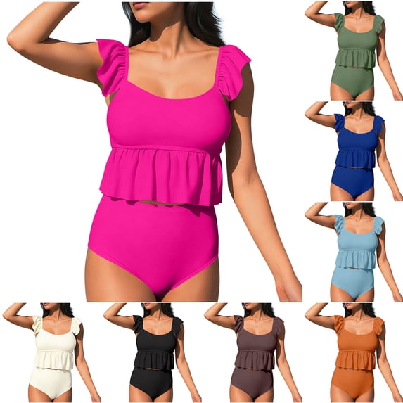 qolati Tankini Swimsuits for Women Two Piece Square Neck Ruffle Cap Sleeve Bathing Suits Flowy Swim Tank Tops High Waisted Cheeky Bottom High Cut Beach Swimwear Blue XL