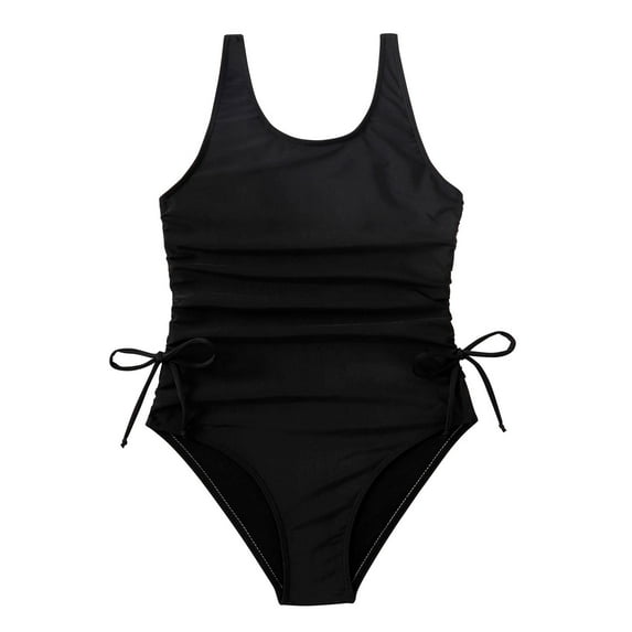 qolati Teen Girl One-Piece Swimsuit Solid Color Drawstring Lace Up Swimwear Ruched Summer Beach Bathing Suit