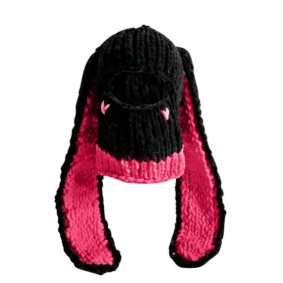 qolati Thickened Crochet Knit Balaclava Hat for Women Girls Cute Long Ears Beanie Hat with Scarf Mask Thermal Headwears Winter Caps