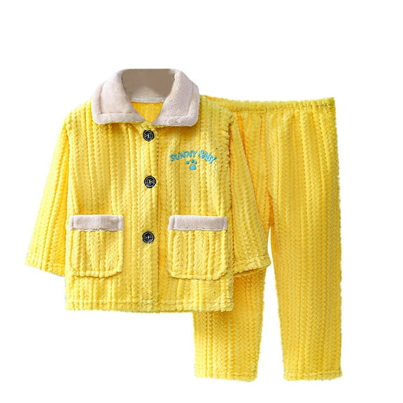 qolati Toddler Baby Boys Girls Winter Clothes 2 Piece Outfits Button Down Shirts and Bottoms Warm Fleece Pajama Set Kids Fall Long Sleeve Sleepwear Pjs with Pockets Yellow 5 Years
