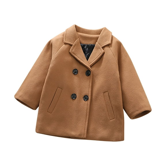 qolati Toddler Baby Boys Girls Wool Blend Coat Winter Warm Double Breasted Trench Coat Kids Notched Collar Peacoat Outwear Clothes
